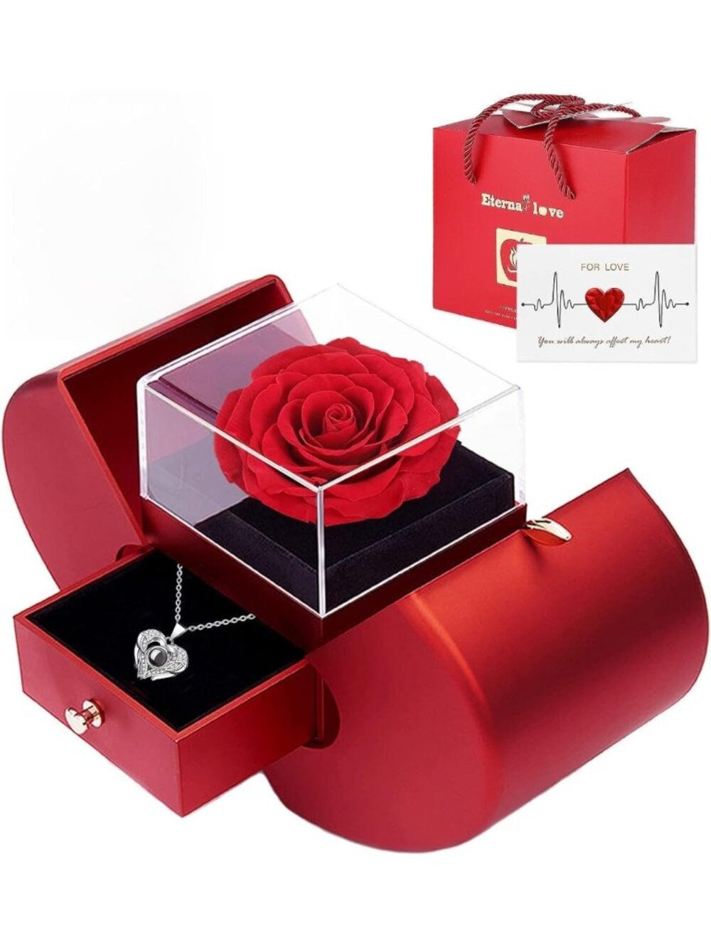 Real Preserved Rose with 'I Love You' Necklace in 100 Languages - Perfect Gift